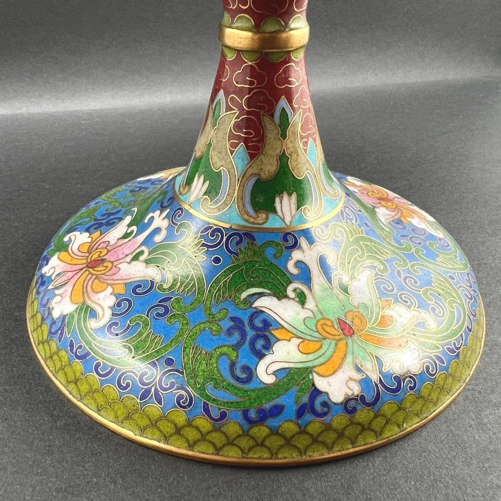 Vintage Cloisonne Footed Compote Dish Blue Floral Scalloped 10